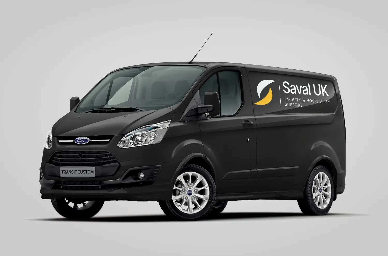 Black Ford van mockup with Saval UK branding for corporate fleet vehicle wrap design template